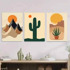 3pcs Modern Desert Landscape Abstract Cactus Wall Art Canvas Unframed/Framed
