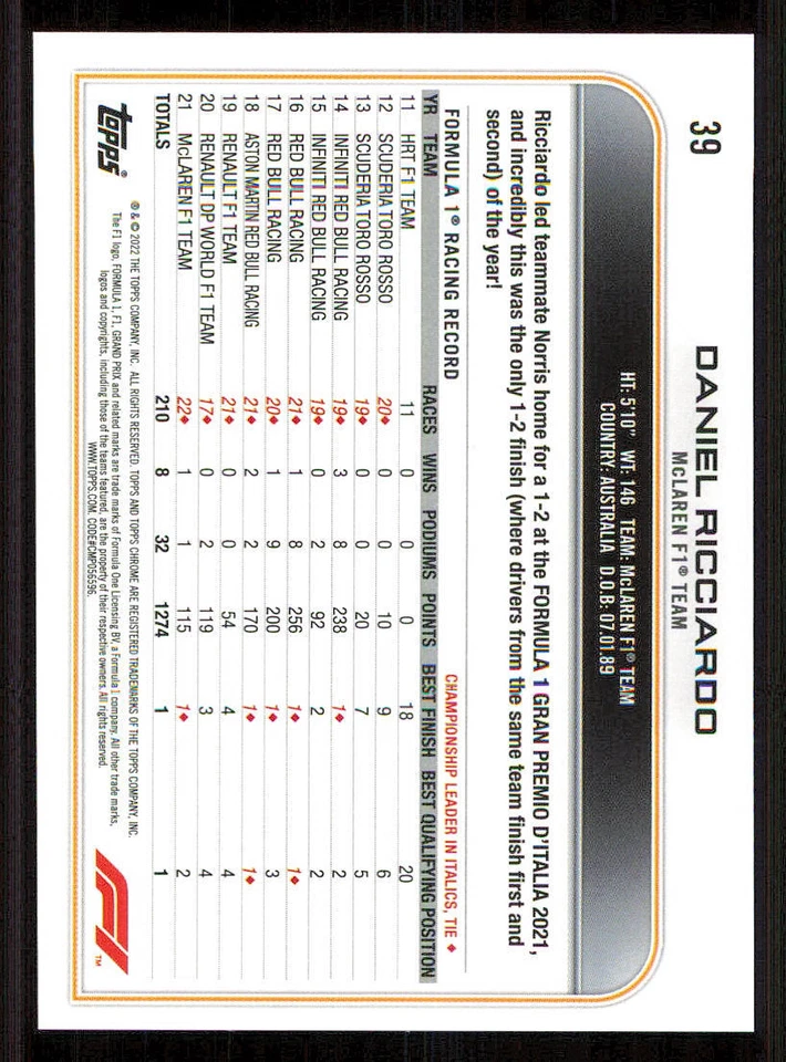 2022 Topps Chrome Formula 1 #39 Daniel Ricciardo - Image 2 of 2