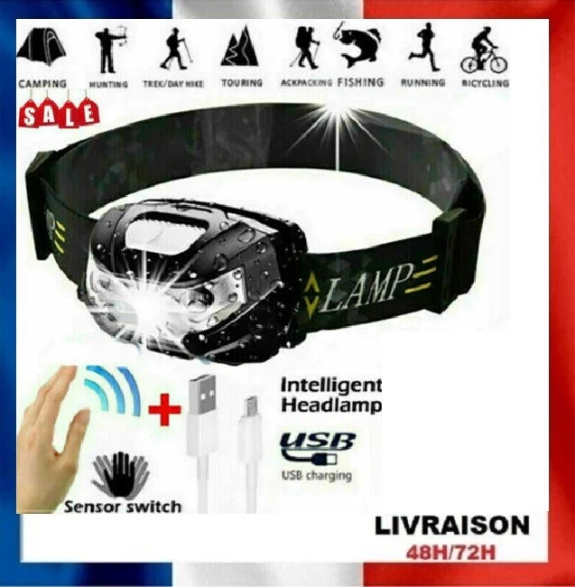 Lampe frontale à LED 300 Lumens rechargeable par USB étanche convient au camping, la randonnée, l'escalade, la pêche -TAM - Sport