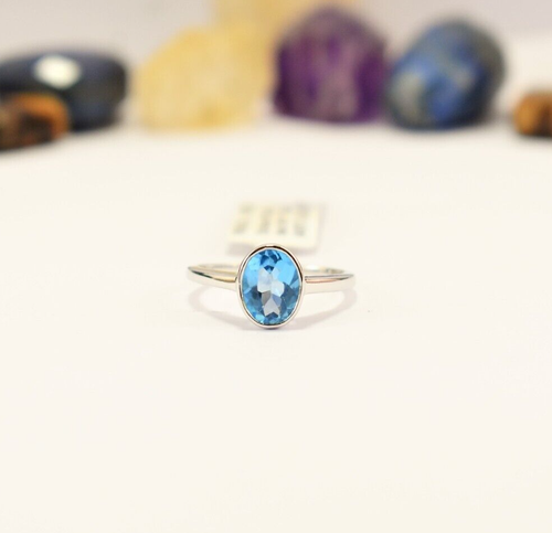 Bague Fine En Argent Sterling 925 - Sertie D'une Topaze Bleue Ronde 3mm - Taille US 7 - Marque Silverspeck