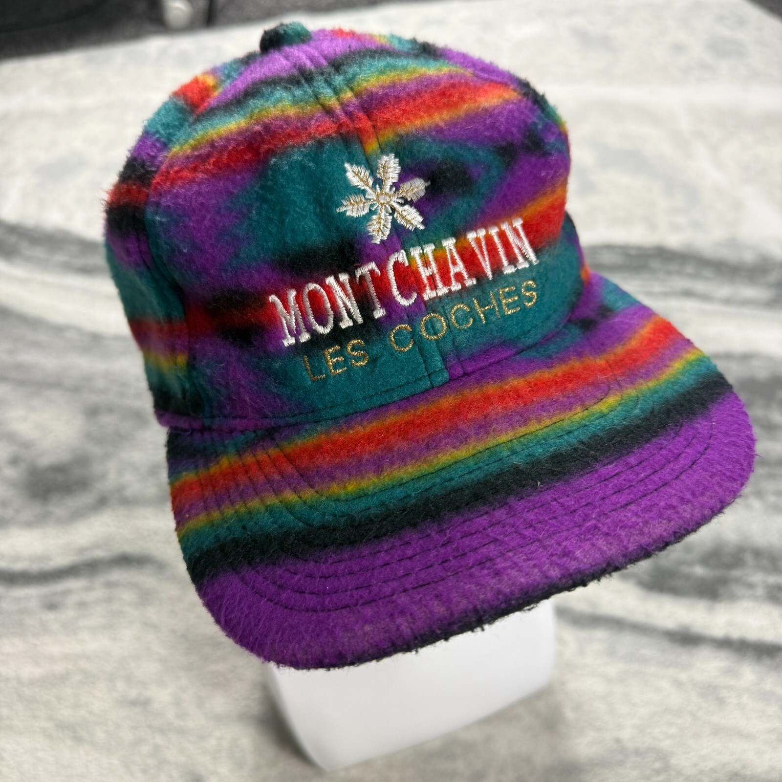 Vintage Montchavin Les Coches 90s Colourful Ski Drawstring 5-Panel Fleece Cap image 5