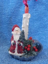 Vintage Candle in Candlestick, Santa Holding Tree Christmas Ornament