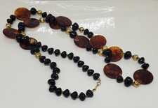 Vintage Dauplaise Lucite Necklace Tortoise Brown Black Silver Tone Beads 40"