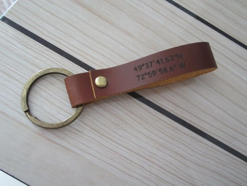 Personalized Couple Leather keychain 3rd Anniversary Key Fob Custom Engraved - Image 4 of 4