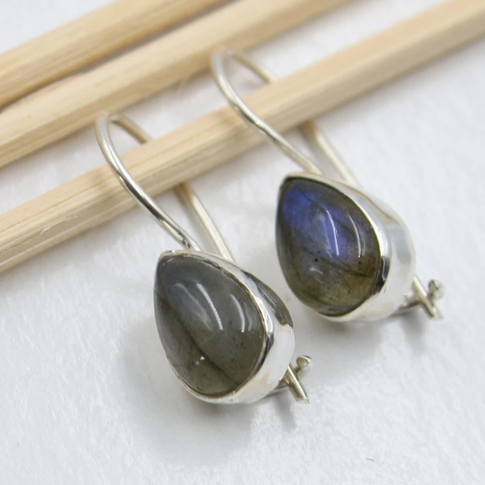Labratorite Orecchini Pendenti Argento Sterling 925 Gocce Moderno Cabochon Hv - Immagine 3 di 4