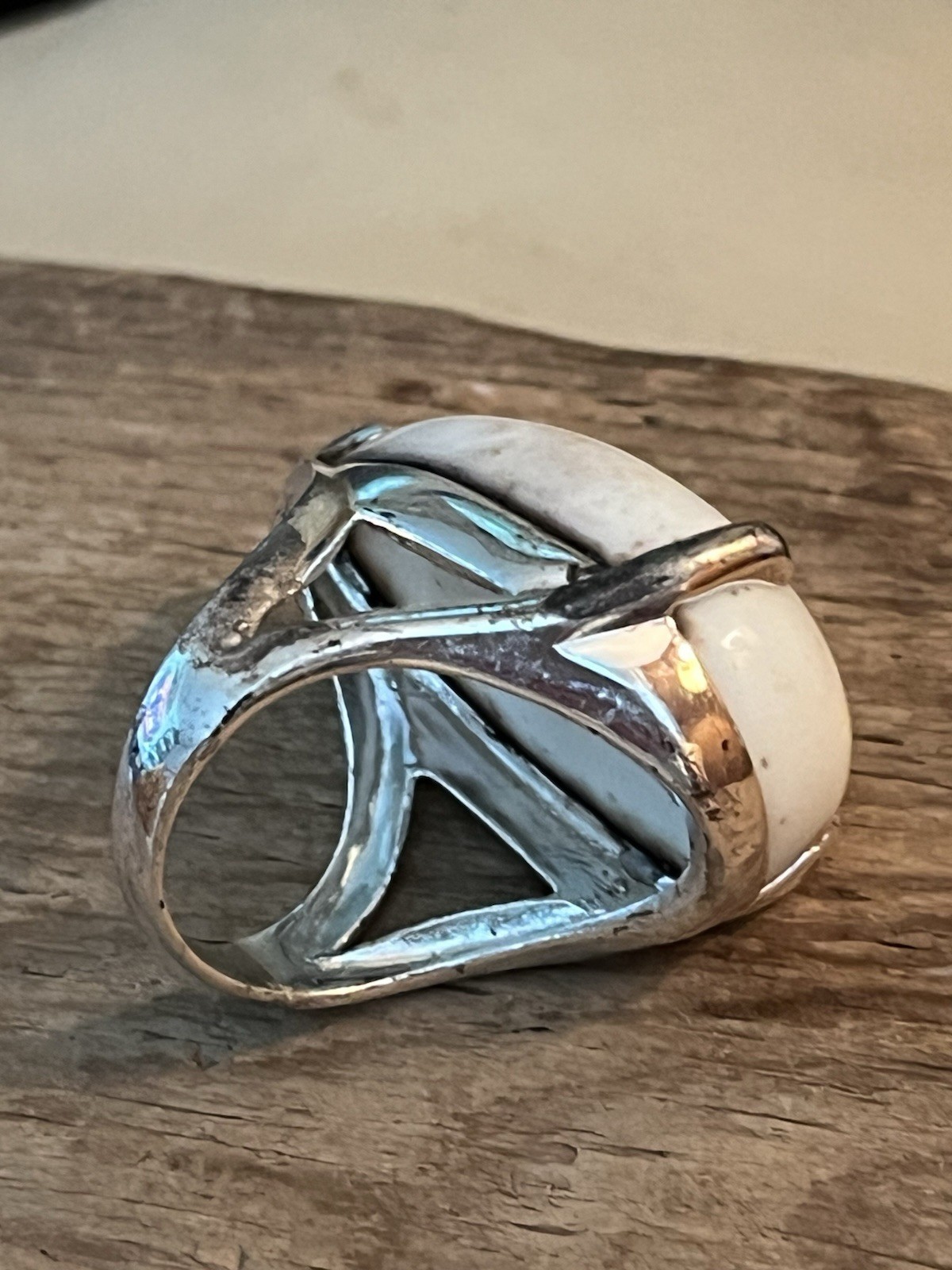 Large White Cabochon Statement Ring Silver Tone M… - image 4