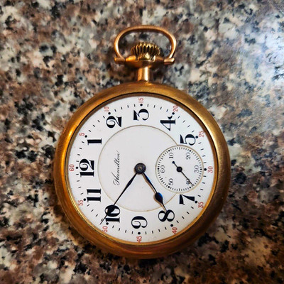 Hamilton Open Face Pocket Watch Gold Filled Yellow Gold White Dial Small Sec