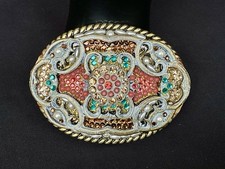Vintage Ornate Cowgirl Belt Buckle Rhinestone Embellished Rope Edge Stamped 5063