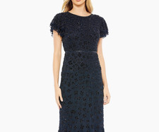 MAC DUGGAL womens 6 flutter sleeve Sequin Black fully Beaded Midi dress evening