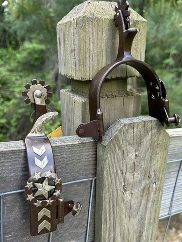 Adult Size Antiqued Brown Steel Spurs with Engraved Silver and Star Cutout PAIR - Picture 9 of 10