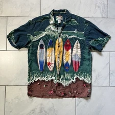 Vintage Paradise Found Shirt Medium Green Rayon Mens Button Up Surfboard Beach