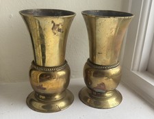 Vintage Pair Brass Ecclesiastical Religious Church Vases With Crosses 18.8cm