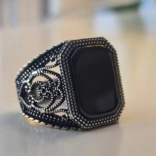 Men’s925 Sterling Silver Black Onyx Ring – Turkish Style Filigree Design