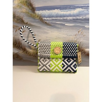 Maria Victoria Handwoven Mexican Plastic Wristlet Clutch Bag Green Navy White