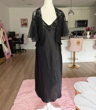 Women  s Vintage Black Lace Trim V-Neck Slip Gown  Sheer Lace Robe Set Size M