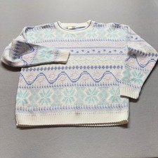 Vintage Precious Knits Pastel Fair Isle Sweater White Blue Pink Large USA Made