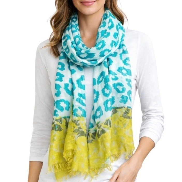 Charming Charlie NWT Turquoise Leopard Print Scarf Yellow Frayed Trim