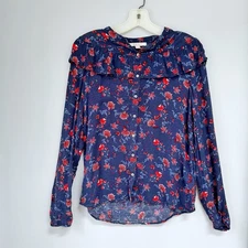 Esprit Womens Size 6 Blue & Red Floral Ruffle Button Up Top Feminine Cottagecore