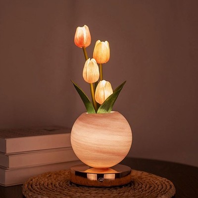 Tulip Flower Lamp, Cute Tulips Artificial Flowers Desk Lamp with 3-Colour Inf...