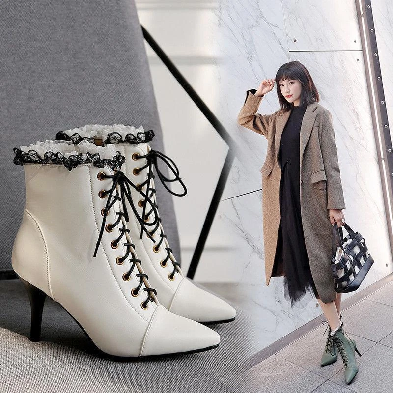 Women's Lace-Up Kitten Heel Ankle Boots with Side Zip Pointed Toe Party Shoes-image