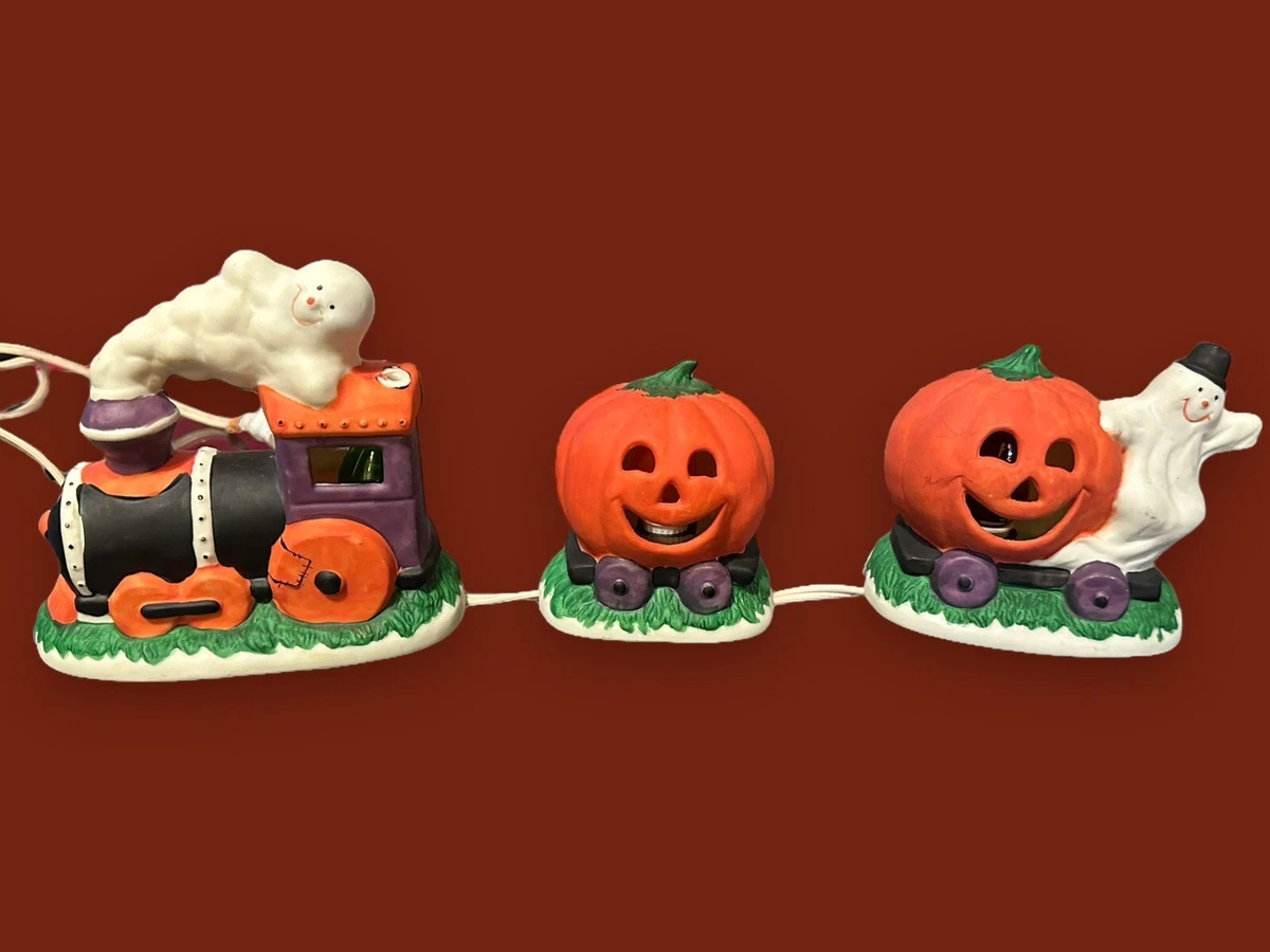 Vintage Halloween Decor Light Up Ceramic Pumpkin Ghost Train ...