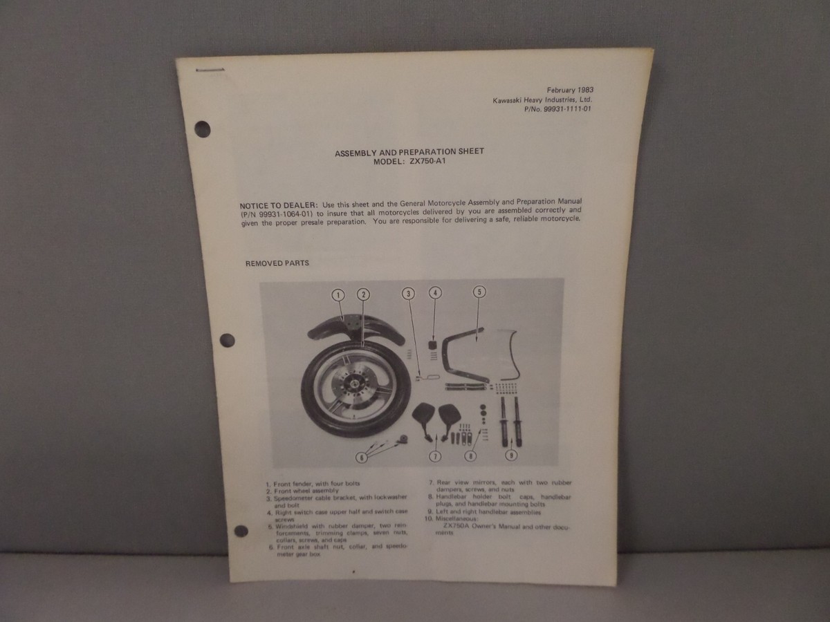 Kawasaki Factory Assembly & Preparation Sheet Model 1983 ZX750-A1