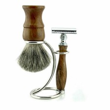 Men Shaving Kit Set Wooden Badger Shaving Brush Bamboo Razor Steel Stand Holder