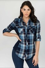Mujer Camisa Top Denim Algodón Botón A Cuadros Ci Sono PTP39 NUEVO