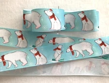 White Polar Bear snowflakes on light blue Grosgrain ribbon BTY 7/8” Ski scarf