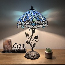 Tiffany Style Table Lamp Blue Stained Glass Dragonfly LED Bulb Included H22  W12  