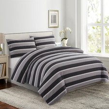 Printed Rayon Bamboo Bedding 3 Piece Duvet Cover Set, Black Grey Stripes Full
