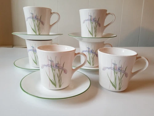 6 Corelle Shadow Iris Coffee Tea Mugs Cups W/ 5 Green Rimmed Saucers Corning USA