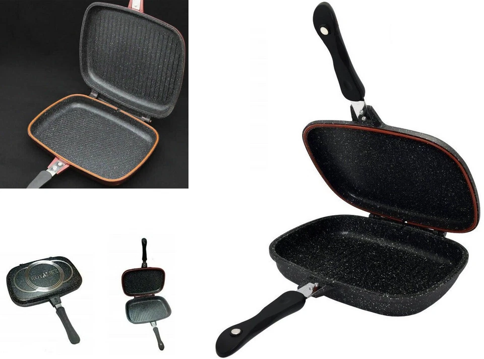 Piastra doppia bistecchiera pentola anti aderente padella coperchio girare cibo - Immagine 2 di 2