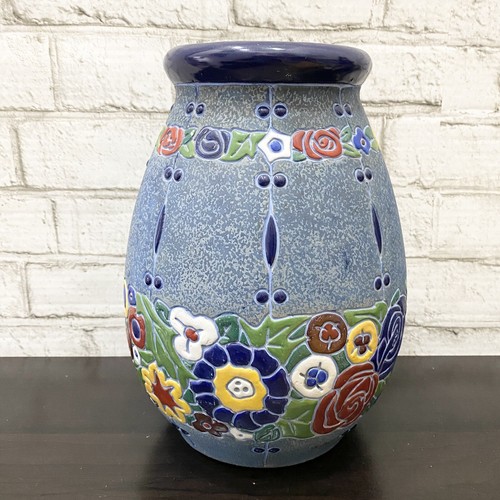 Vintage AMPHORA Tschechoslowakei Keramik blau mehrfarbig strukturiert 10 1/2"" Vase