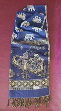 Pashmina Scarf Wrap Shawl 28" x 70" Elephants Blue, Black & Gold Reversible