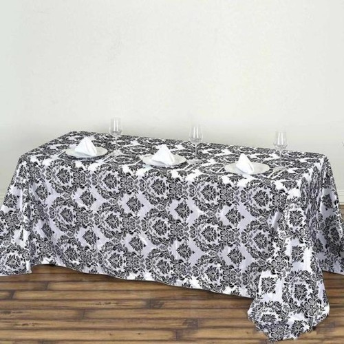 90x132" Black White FLOCKING DAMASK RECTANGLE TABLECLOTH Wedding Party Reception