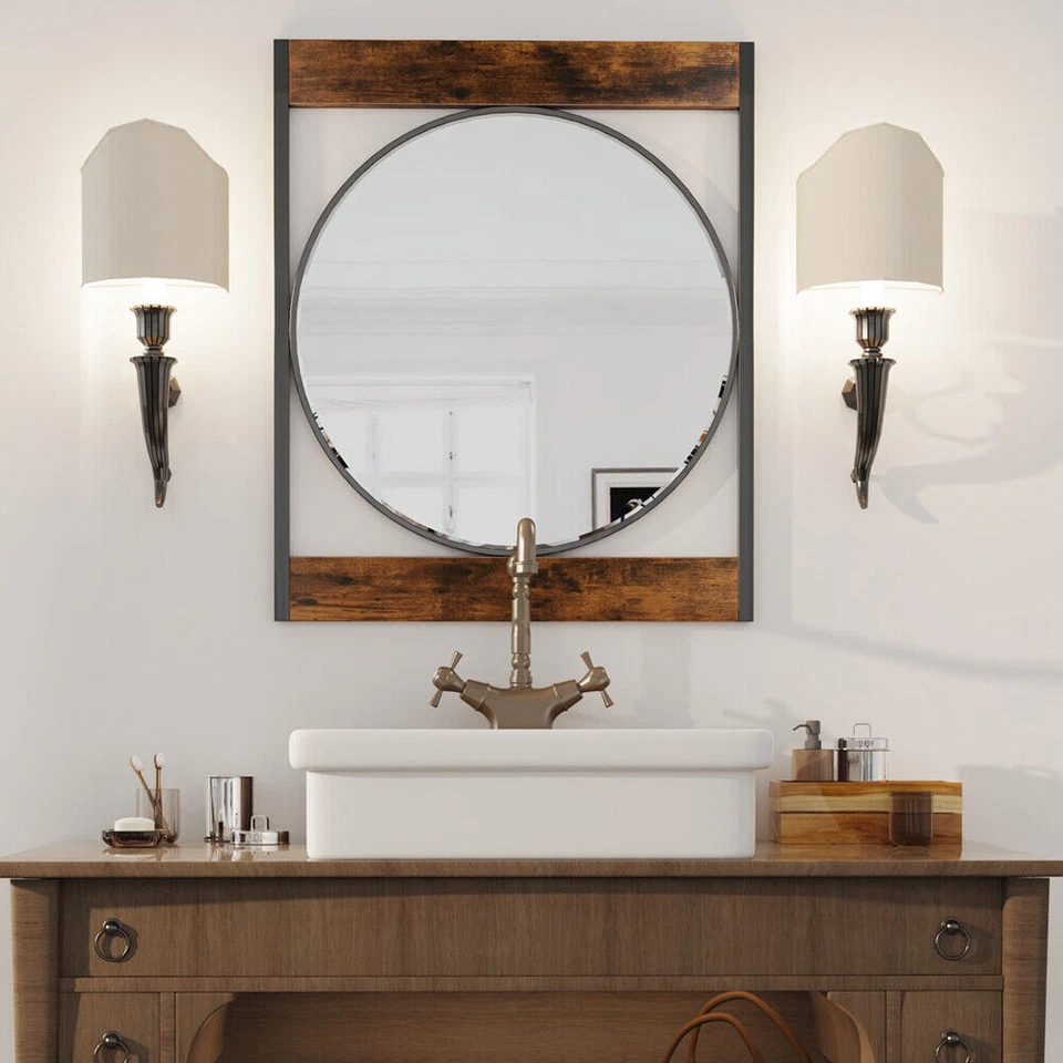 Espejo de baño redondo con marco de madera de granja de 30 pulgadas espejo de acento colgante de pared Foto 4 de 4