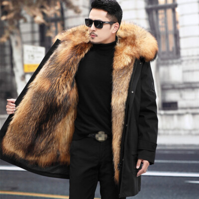Winter Men Warm Hooded Faux Fur Parka Detachable Jackets