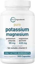 Pure Potassium Supplement with Magnesium Glycinate, 300 Capsules | Enhanced with