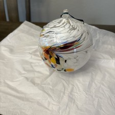 MOUTH BLOWN GLASS  WHITE MULTICOLOR HANGING CHRISTMAS ORNAMENT