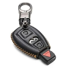  Genuine Leather Smart Key Fob Case Cover Protector with Key 3-Button Black