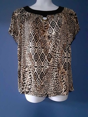Plus Size 2X Stretchy Animal Print Short Flutter Sleeves Flowing Top Black Tan