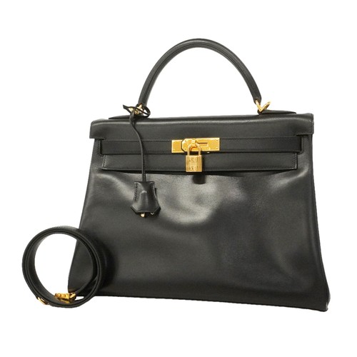 Auth [6ie7162] HERMES Handbag Kelly 32 Box Calf Black Gold metal fitting □...