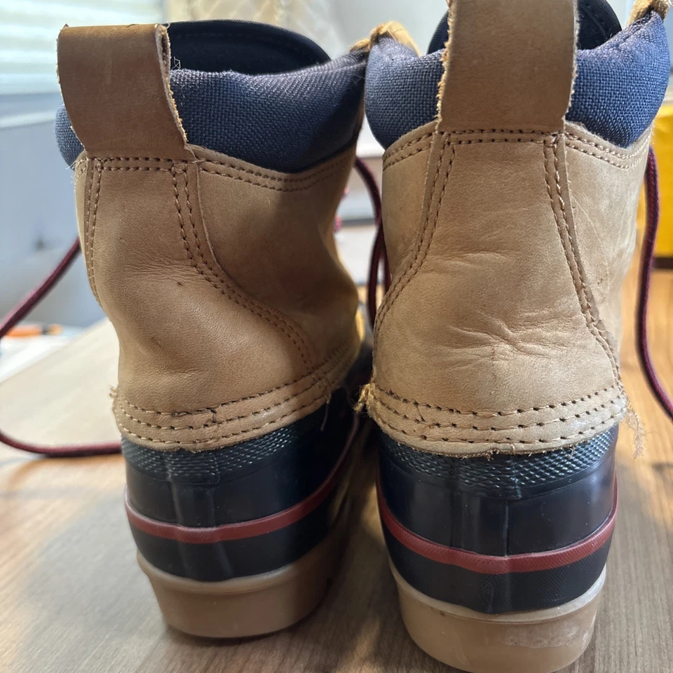 Botas de Lluvia Para Mujer Talla 8M LANDS END Botas de Pato Goma Tostado/Azul Marino Cuero Con Cordones Foto 3 de 4
