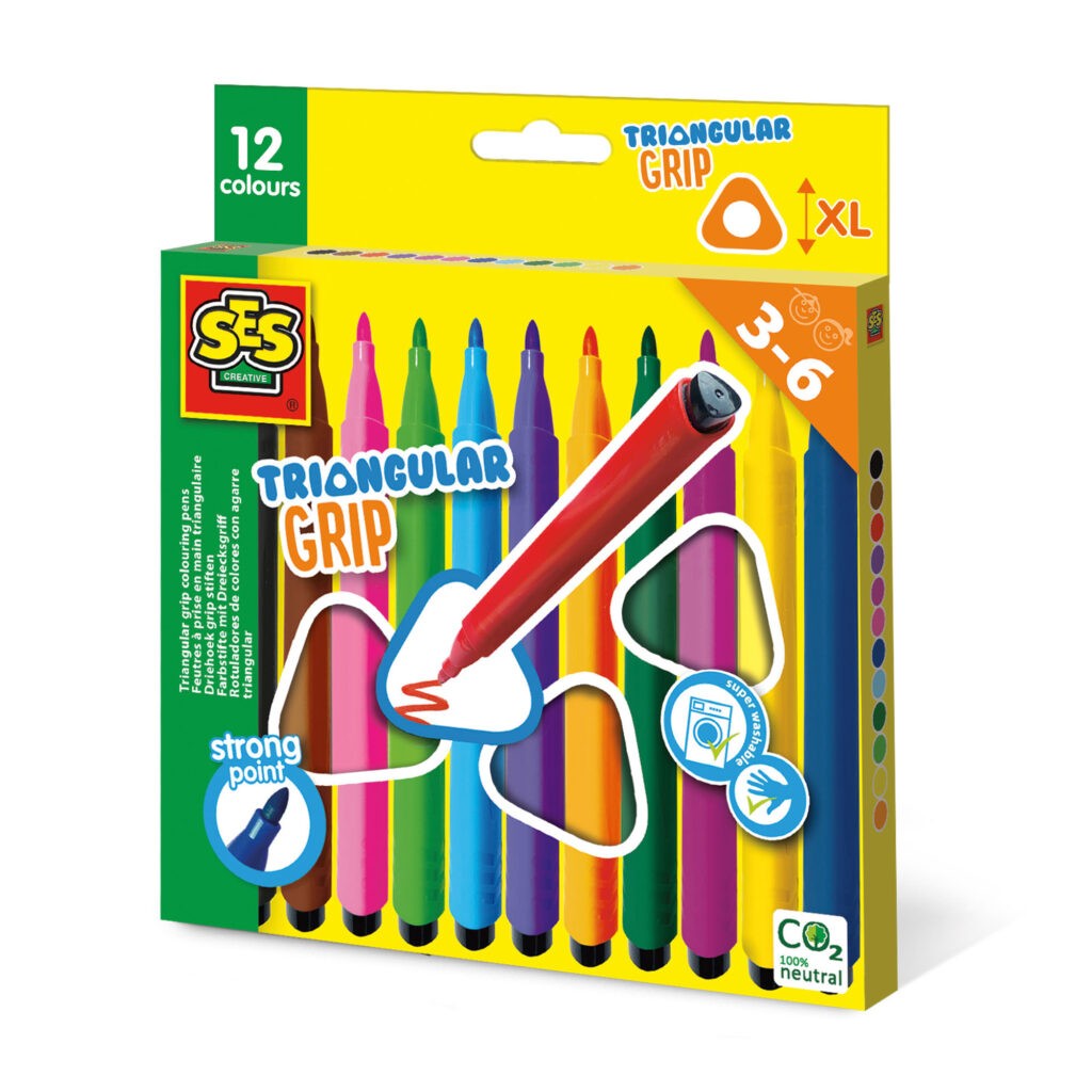 SES Creative x12 Colouring Pens Triangular Grip Bright Colour Assorted Kids
