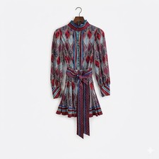 Alice + Olivia Mina Godet Belted Mini Dress Ornamental Tile Print Lantern Sleeve