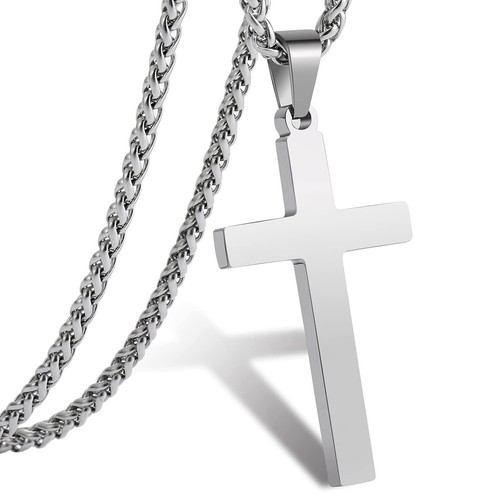 RS Silver Cross Necklace for Men Boys Stainless Steel Pendant Chain Religious...