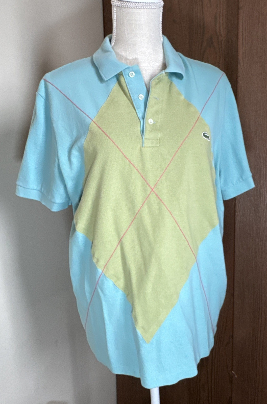 VTG Lacoste Polo Shirt Mens 5/L Blue Argyle Made in France Devanlay Piqué Knit