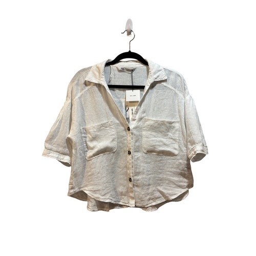Zara women’s white linen button up short sleeve linen shirt size medium