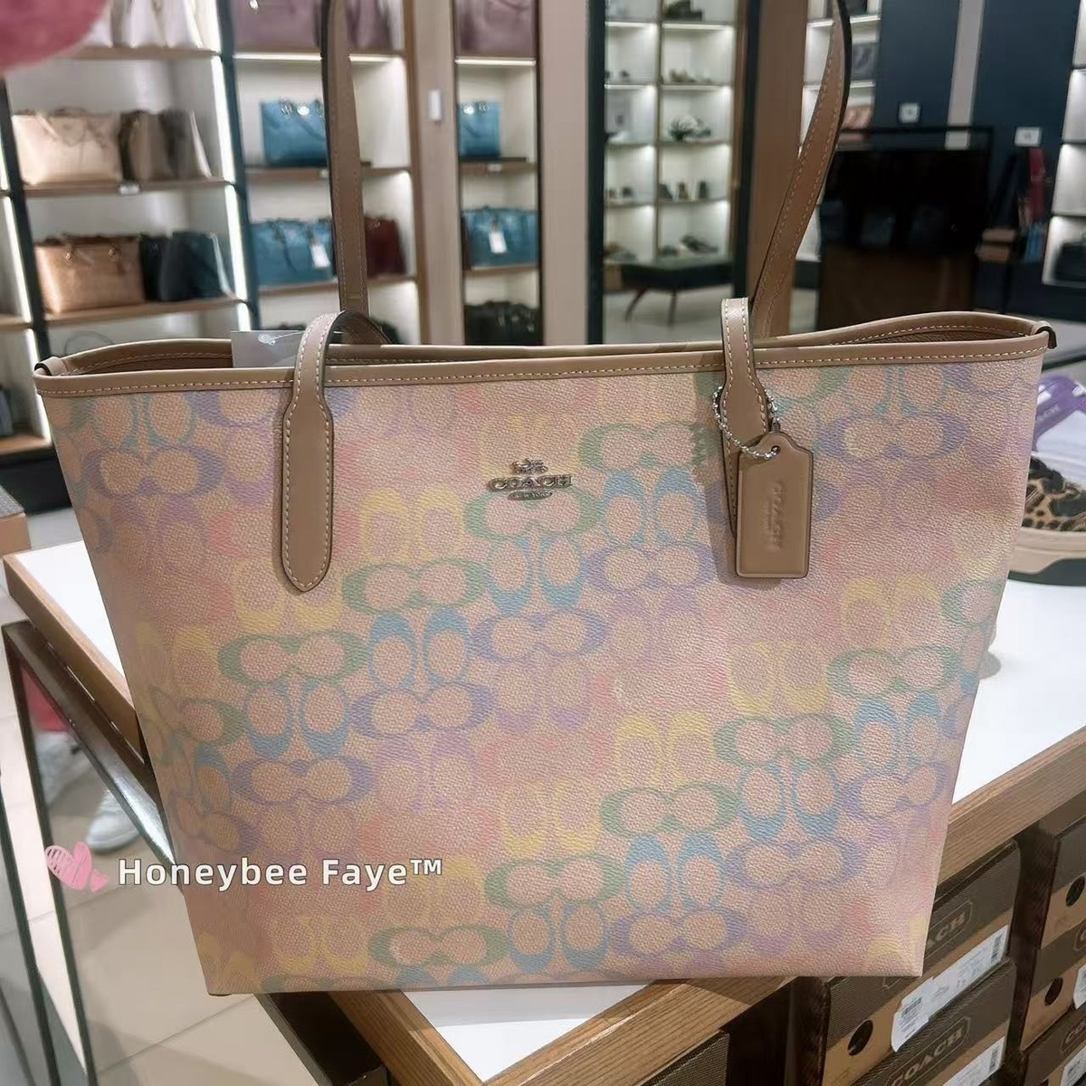 NWT Coach CDA93 City Tote Bag In Rainbow Signature Canvas Silver